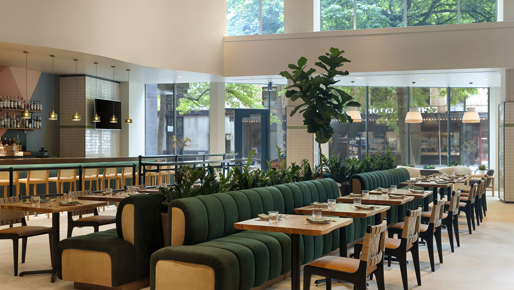 Marin dining room with view of bar at Kimpton Hotel Monaco Seattle